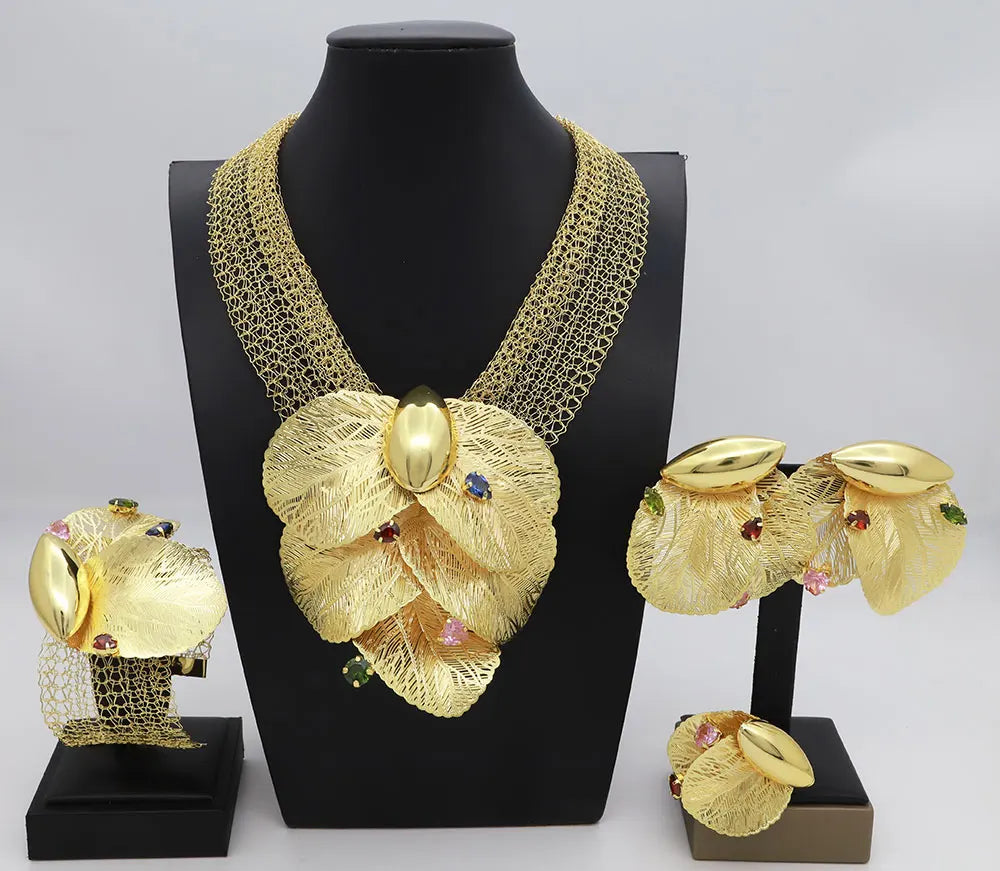 Dubai 18k Gold Plated Women Jewelry Set Colorful Leaf Pendant Created Stone Necklace Nigerian Wedding Bijoux Gold Jewelry Set