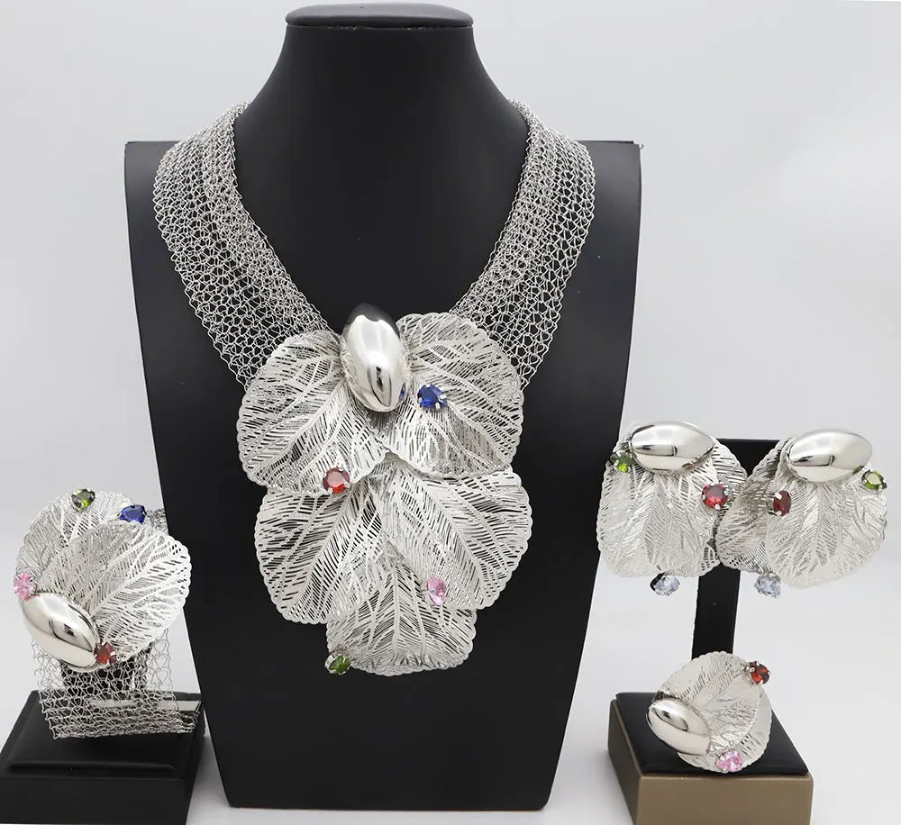 Dubai 18k Gold Plated Women Jewelry Set Colorful Leaf Pendant Created Stone Necklace Nigerian Wedding Bijoux Gold Jewelry Set