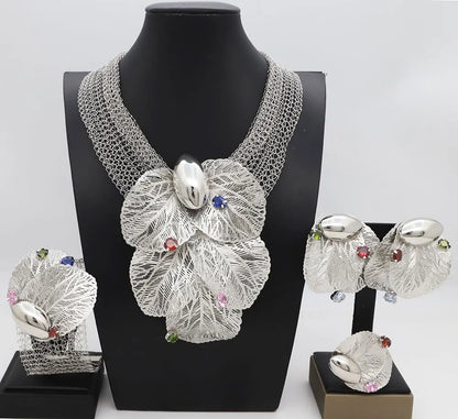Dubai 18k Gold Plated Women Jewelry Set Colorful Leaf Pendant Created Stone Necklace Nigerian Wedding Bijoux Gold Jewelry Set
