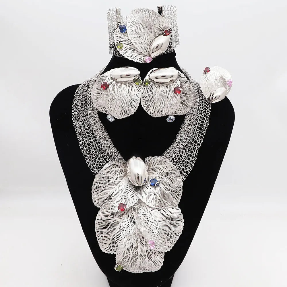 Dubai 18k Gold Plated Women Jewelry Set Colorful Leaf Pendant Created Stone Necklace Nigerian Wedding Bijoux Gold Jewelry Set