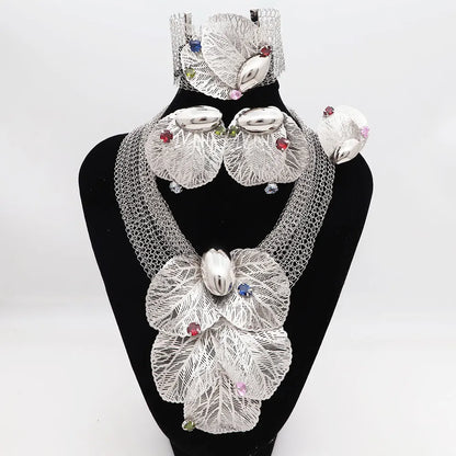 Dubai 18k Gold Plated Women Jewelry Set Colorful Leaf Pendant Created Stone Necklace Nigerian Wedding Bijoux Gold Jewelry Set