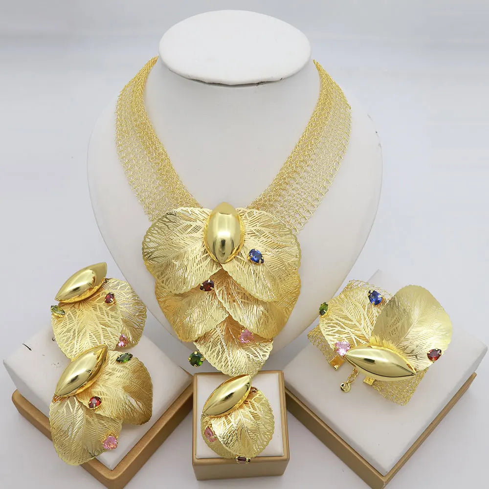 Dubai 18k Gold Plated Women Jewelry Set Colorful Leaf Pendant Created Stone Necklace Nigerian Wedding Bijoux Gold Jewelry Set