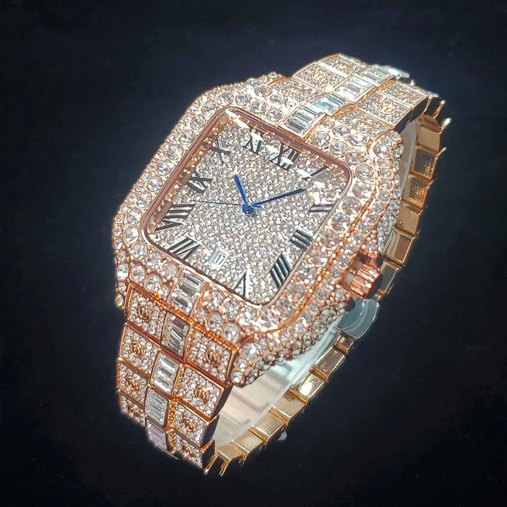 Luxurious Full Diamond Watch For Men Popular Rose Gold Iced Out Quarz Watches Fashion Hip Hop Jewelry Reloj Hombre Dropshipping