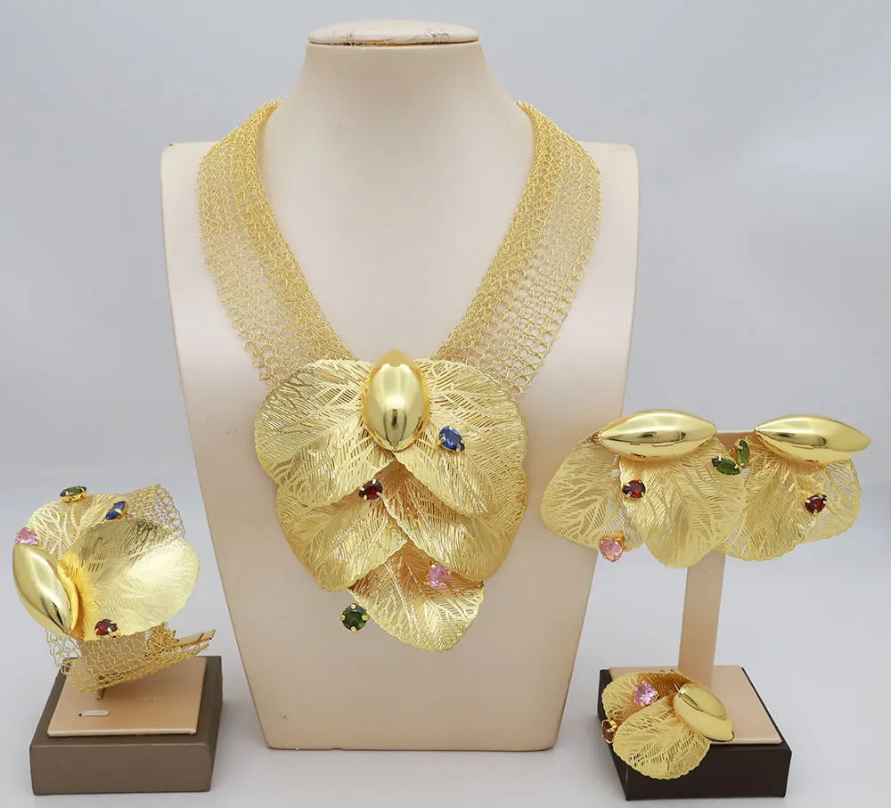 Dubai 18k Gold Plated Women Jewelry Set Colorful Leaf Pendant Created Stone Necklace Nigerian Wedding Bijoux Gold Jewelry Set
