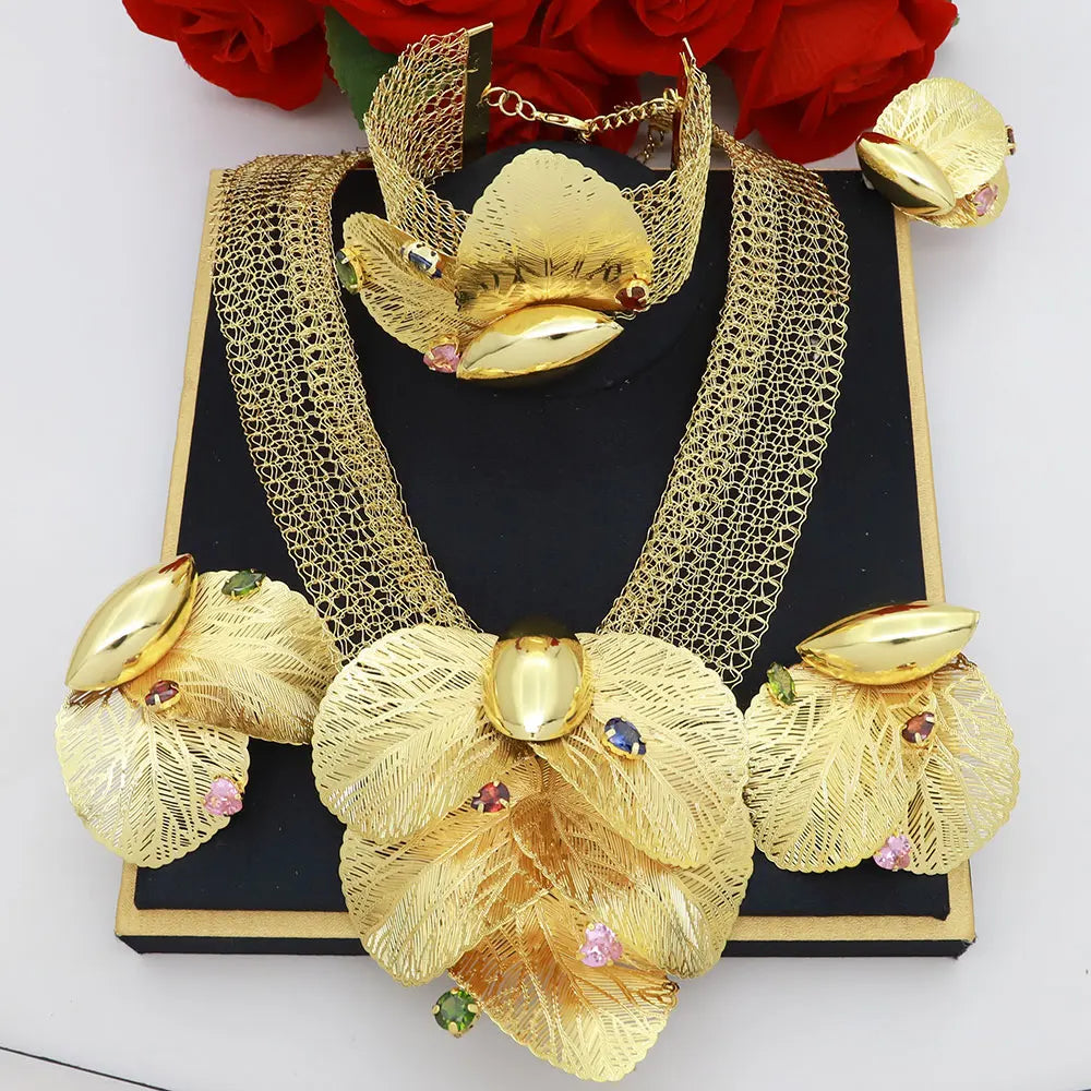 Dubai 18k Gold Plated Women Jewelry Set Colorful Leaf Pendant Created Stone Necklace Nigerian Wedding Bijoux Gold Jewelry Set